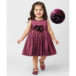 Babyhug Woven Partywear Sleeveless Fit and Flare Metallic Dress with Floral Applique - Maroon