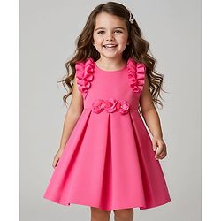 Babyhug Woven Frilled Sleeves Flared Scuba Dress With Corsage - Pink