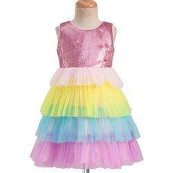 Babyhug Woven Sleeveless Mesh Party Dress With Sequinned Yoke - Multicolor