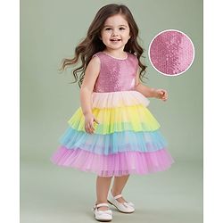 Babyhug Woven Sleeveless Mesh Party Dress With Sequinned Yoke - Multicolor