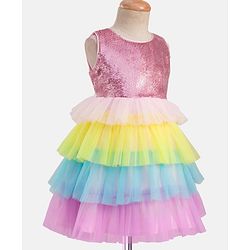 Babyhug Woven Sleeveless Mesh Party Dress With Sequinned Yoke - Multicolor