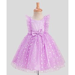 Babyhug Frill Sleeves Stars Foil Printed & Bow Detailing Fit & Flare Mesh Party Dress - Purple