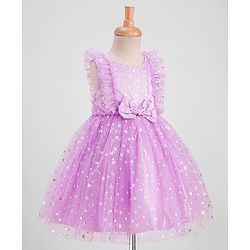 Babyhug Frill Sleeves Stars Foil Printed & Bow Detailing Fit & Flare Mesh Party Dress - Purple