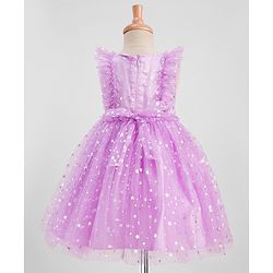 Babyhug Frill Sleeves Stars Foil Printed & Bow Detailing Fit & Flare Mesh Party Dress - Purple