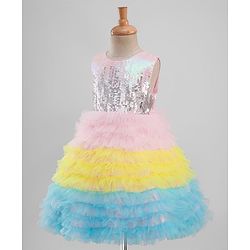 Babyhug Sleeveless Sequinned Yoked Fit and Flare Frilled Mesh Dress - Multicolor