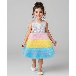 Babyhug Sleeveless Sequinned Yoked Fit and Flare Frilled Mesh Dress - Multicolor