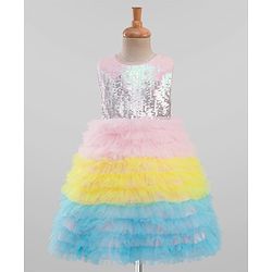 Babyhug Sleeveless Sequinned Yoked Fit and Flare Frilled Mesh Dress - Multicolor