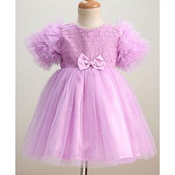 Babyhug Woven Frill Sleeves Mesh Party Dress with Bow Applique & Foil Print - Lavender