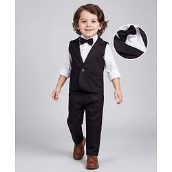 Babyhug Knit Full Sleeves Solid Color 3 Piece Party Suit with Bow - Black & White