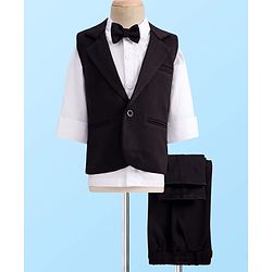 Babyhug Knit Full Sleeves Solid Color 3 Piece Party Suit with Bow - Black & White