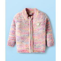 Babyhug Knitted Full Sleeves Front Open Sweater With Star Patch - Pink