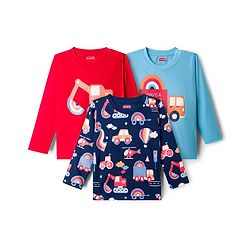 Babyhug 100% Cotton Knit Full Sleeves T-Shirts With Vehicle Print Pack of 3 - Red Navy Blue & Light Blue