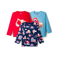 Babyhug 100% Cotton Knit Full Sleeves T-Shirts With Vehicle Print Pack of 3 - Red Navy Blue & Light Blue