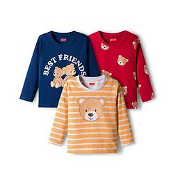 Babyhug 100% Cotton Knit Full Sleeves T-Shirts with Stripes & Teddy Print Pack of 3 - Yellow Red & Navy Blue