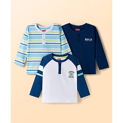 Babyhug 100% Cotton Knit Full Raglan Sleeves Henley Neck T-Shirts with Stripes &  Brooklyn Print Pack of 3 - Light Blue &  Navy Blue