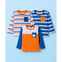 Babyhug 100% Cotton Knit Full Sleeves T-Shirt with Stripes & Pocket Pack of 3 - Blue White & Orange
