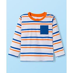 Babyhug 100% Cotton Knit Full Sleeves T-Shirt with Stripes & Pocket Pack of 3 - Blue White & Orange