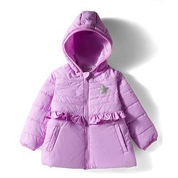 Babyhug Woven Full Sleeves A Line Frilled Hooded Padded Jacket With Star Patch - Purple