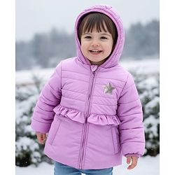 Babyhug Woven Full Sleeves A Line Frilled Hooded Padded Jacket With Star Patch - Purple