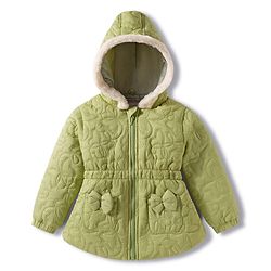 Babyhug Woven Full Sleeves Hooded Quilted Jacket with Bow Applique & Embroidery - Light Green