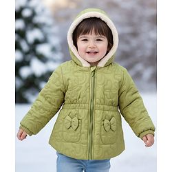Babyhug Woven Full Sleeves Hooded Quilted Jacket with Bow Applique & Embroidery - Light Green
