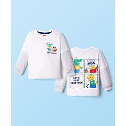 Babyhug 100% Cotton Knit Doctor Sleeves T-Shirt with Crocodile & Racoon Print on Front & Back - White