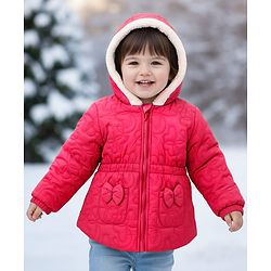 Babyhug Woven Full Sleeves Hooded Quilted Jacket with Bow Applique & Embroidery - Light Green