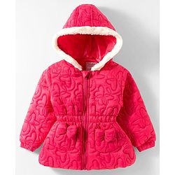 Babyhug Woven Full Sleeves Hooded Quilted Jacket with Bow Applique & Embroidery - Light Green