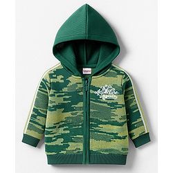 Babyhug Knitted Full Sleeves Hooded Front Open Sweater With Camouflage Design - Green