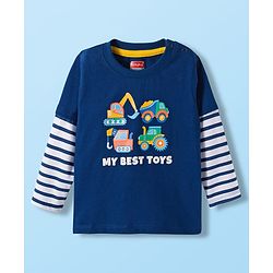 Babyhug 100% Cotton Knit Full Doctor Sleeves T-Shirt with Vehicle Print - Navy Blue