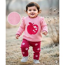 Babyhug Knit Full Sleeves Pullover Sweater Set with Apple Design & Patch Detailing - Pink