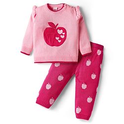 Babyhug Knit Full Sleeves Pullover Sweater Set with Apple Design & Patch Detailing - Pink
