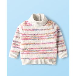 Babyhug Knitted Full Sleeves High Neck Striped Pullover Sweater - White