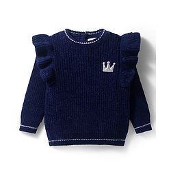 Babyhug Knitted Full Sleeves Pullover Sweater With Crown Embroidery - Navy Blue