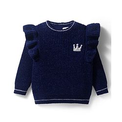 Babyhug Knitted Full Sleeves Pullover Sweater With Crown Embroidery - Navy Blue