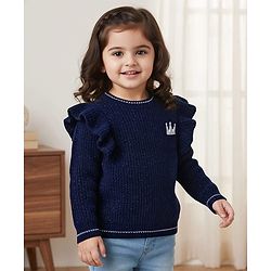 Babyhug Knitted Full Sleeves Pullover Sweater With Crown Embroidery - Navy Blue