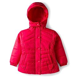 Babyhug Woven Full Sleeves Solid Colour Quilted Winter Jacket With Detachable Hood - Red