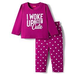 Babyhug Cotton Knit Full Sleeves Night Suit With Text & Heart Print - Purple