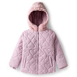 Babyhug Woven Full Sleeves Soft Fur Hooded Heart Quilted Jacket - Pink