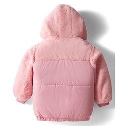 Babyhug Woven Full Sleeves Hooded Padded Jacket With Star Patch & Fur Detailing - Pink