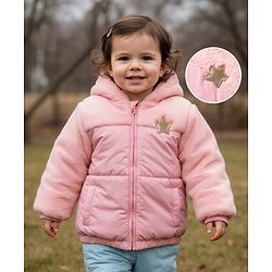 Babyhug Woven Full Sleeves Hooded Padded Jacket With Star Patch & Fur Detailing - Pink
