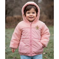 Babyhug Woven Full Sleeves Hooded Padded Jacket With Star Patch & Fur Detailing - Pink