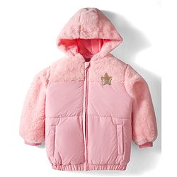 Babyhug Woven Full Sleeves Hooded Padded Jacket With Star Patch & Fur Detailing - Pink