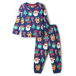 Babyhug Cotton Knit Full Sleeve Co-Ord Night Suit with Christmas Print - Navy Blue