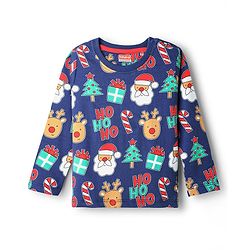 Babyhug Cotton Knit Full Sleeve Co-Ord Night Suit with Christmas Print - Navy Blue