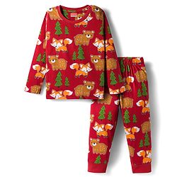 Babyhug Cotton Knit Full Sleeves Co-ords Night Suit With Animal Print - Brown