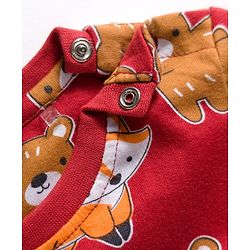 Babyhug Cotton Knit Full Sleeves Co-ords Night Suit With Animal Print - Brown