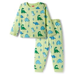 Babyhug Cotton Knit Full Sleeves Co-ords Night Suit With Dino Print - Green