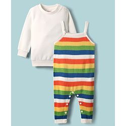 Babyhug Sweater Knit Winter Wear Striped Dungaree Styled Romper & Full Sleeves Inner Tee - Multicolor