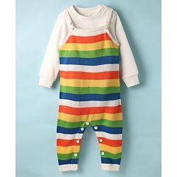Babyhug Sweater Knit Winter Wear Striped Dungaree Styled Romper & Full Sleeves Inner Tee - Multicolor